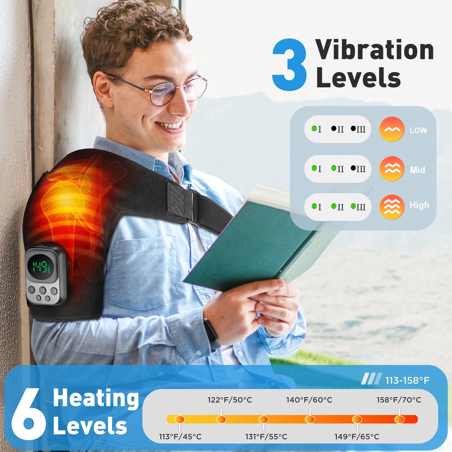 Shoulder brace vibration massage and heat settings